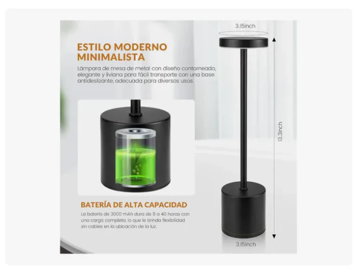 Lámpara De Mesa Recargable, Lámpara Inalámbrica Lampara Led - Imagen 4