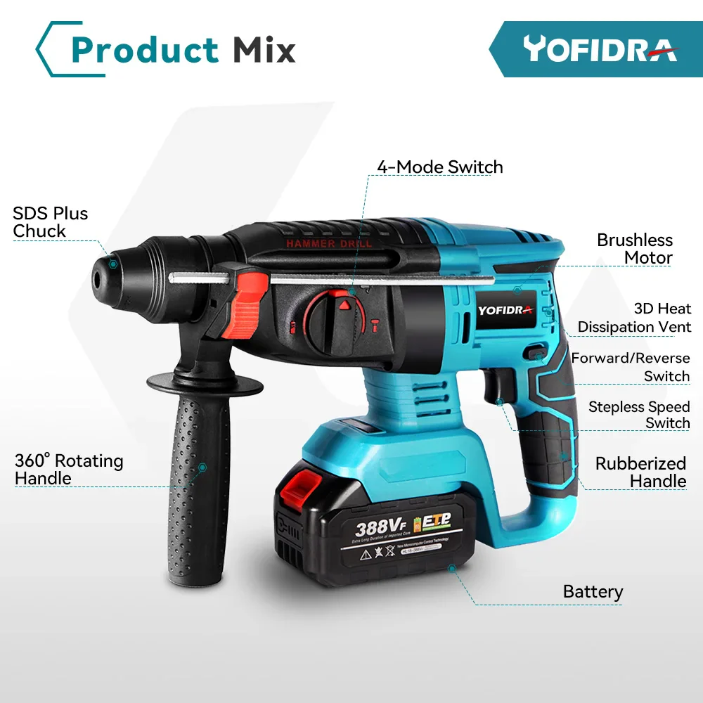 YOFIDRA-martillo eléctrico sin escobillas de 26MM, taladro rotativo multifuncional inalámbrico, herramientas eléctricas recargables para batería Makita de 18V - Imagen 3