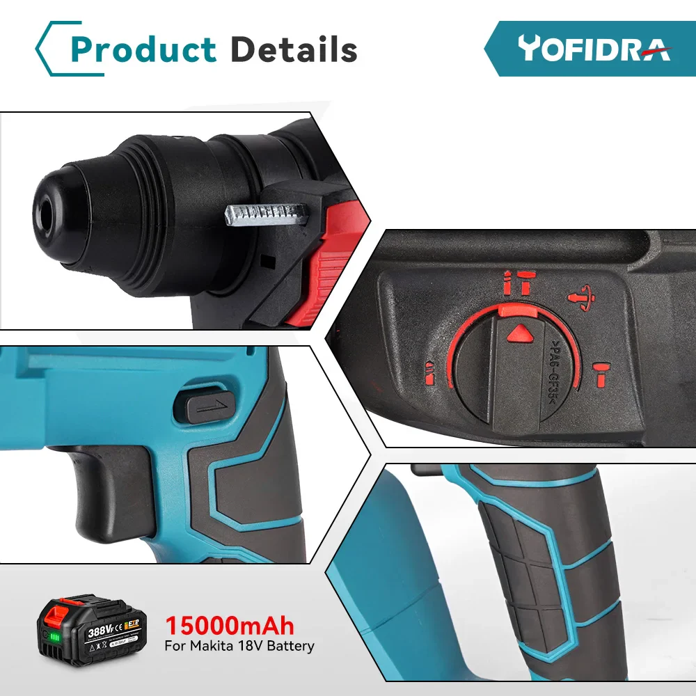 YOFIDRA-martillo eléctrico sin escobillas de 26MM, taladro rotativo multifuncional inalámbrico, herramientas eléctricas recargables para batería Makita de 18V - Imagen 6