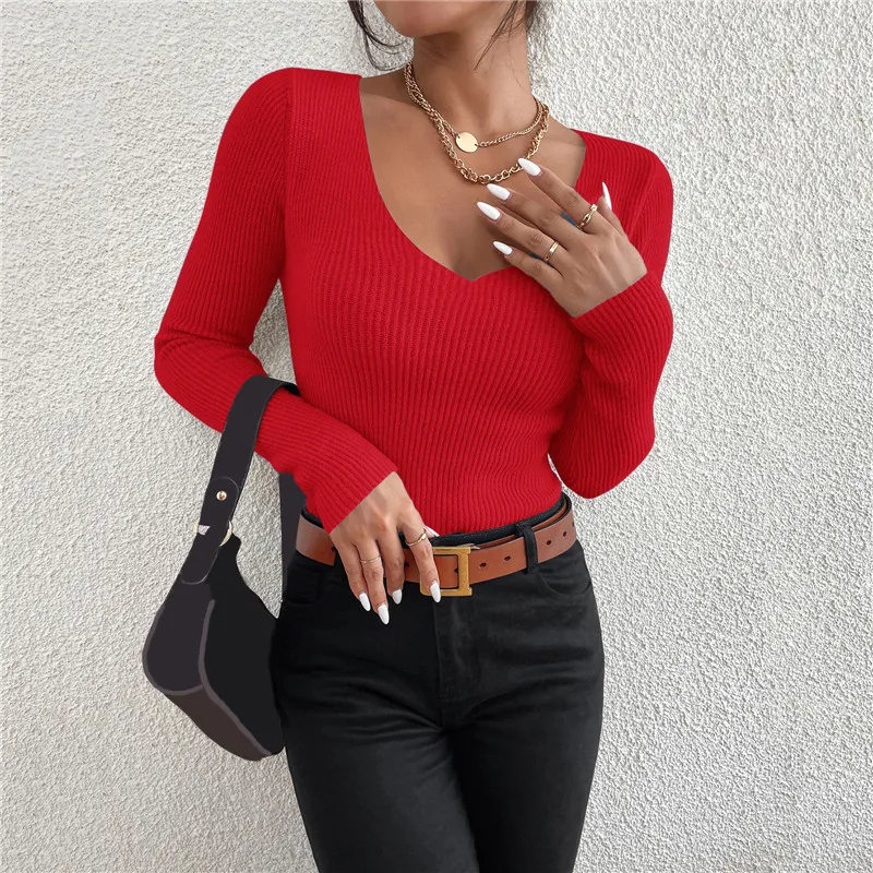 Jersey de punto de canalé liso para mujer, Jersey a rayas con cuello en V, mang - Imagen 9